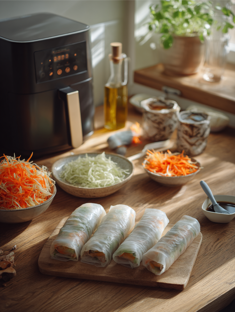 frühlingsrollen mit kohl und karotten für die heißluftfritteuse zubereiten