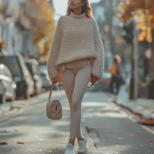 herbst outfit mit pulli und leggings in beige