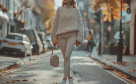 herbst outfit mit pulli und leggings in beige