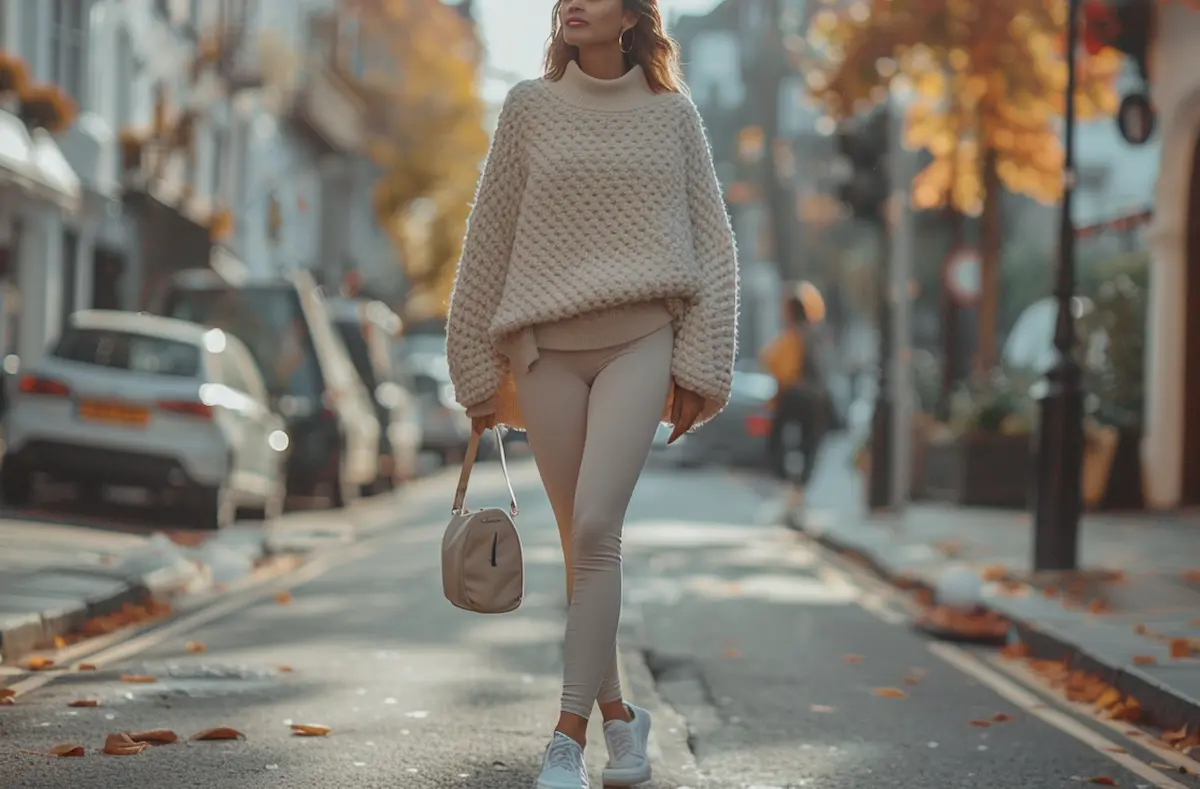 herbst outfit mit pulli und leggings in beige