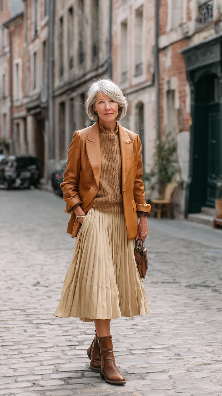 Herbst Outfits mit Plisseerock und Lederjacke und Pullover