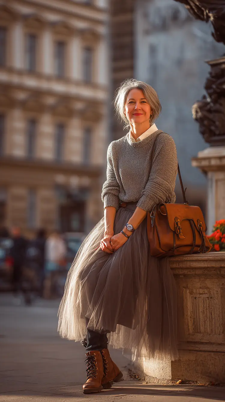 Herbstliche Kombinationen für Frauen ab 50 Tüllrock und Pullover