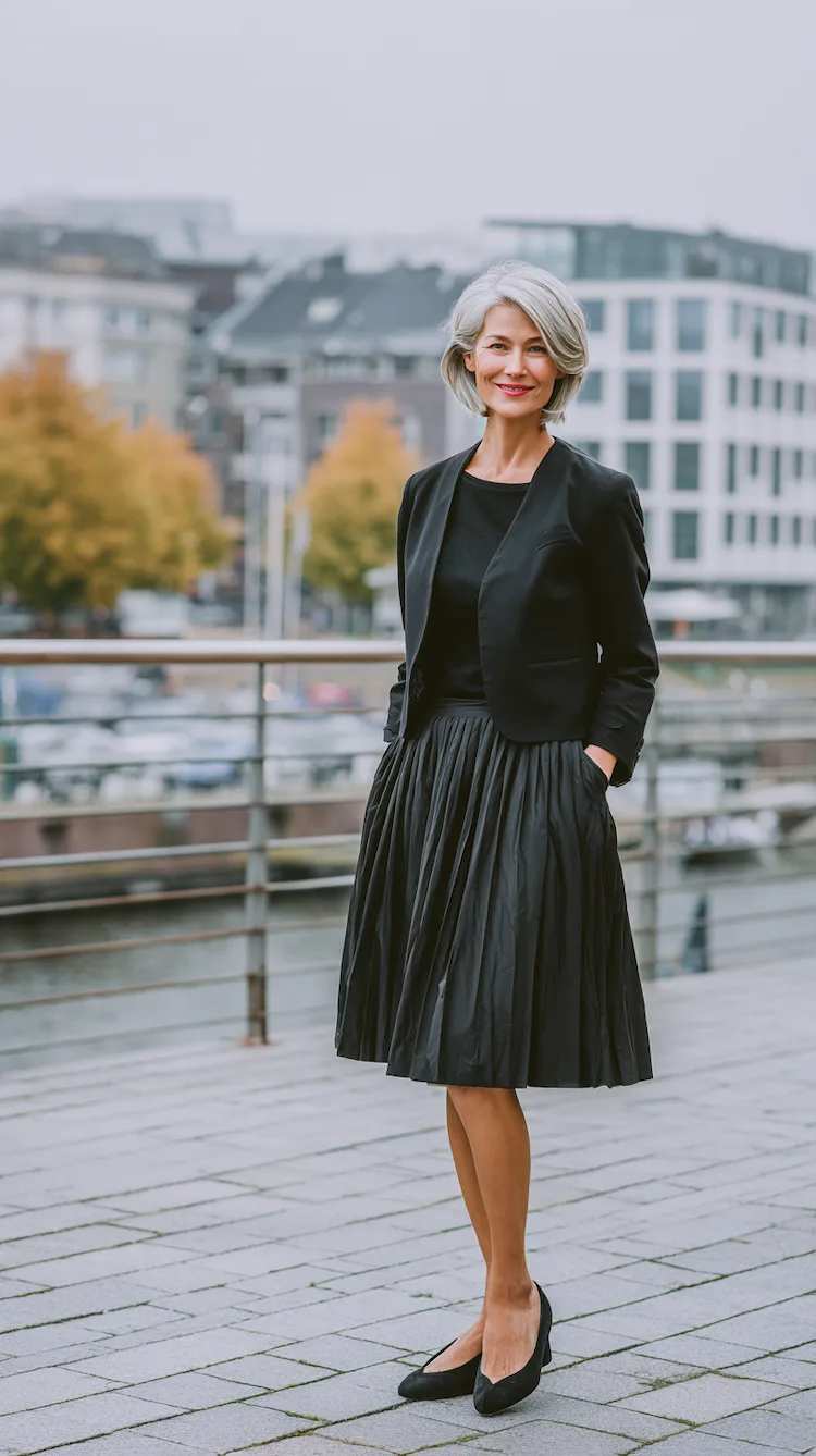 Ideen für elegante Abendlooks ab 50 mit Plisseerock statt Kleid