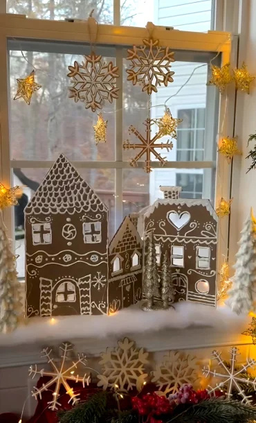 Im Winter das Fenster dekorieren mit einfachem DIY-Projekt für Häuschen