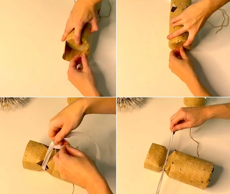 Kerze in die Verpackung stellen, den Boden verschließen und die Öffnung zubinden