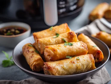 knusprige frühlingsrollen mit sojasauce aus dem heißluftfritteuse