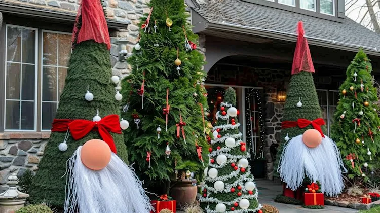 Konifere und andere immergrüne Sträucher als Wichtel dekorieren