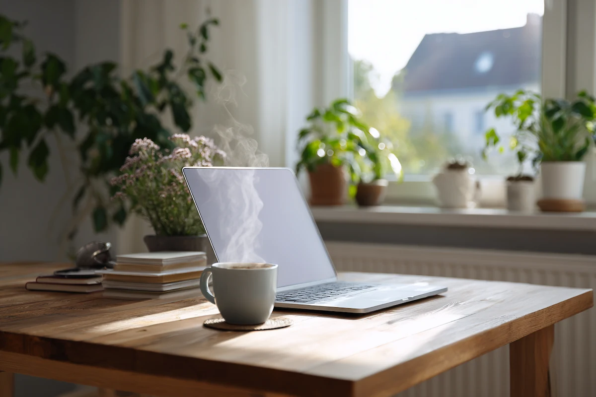 minimalistischer schreibtisch mit laptop, kaffee und pflanzen, helles tageslicht