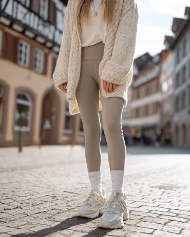 outfit mit leggings sneakers und cardigan