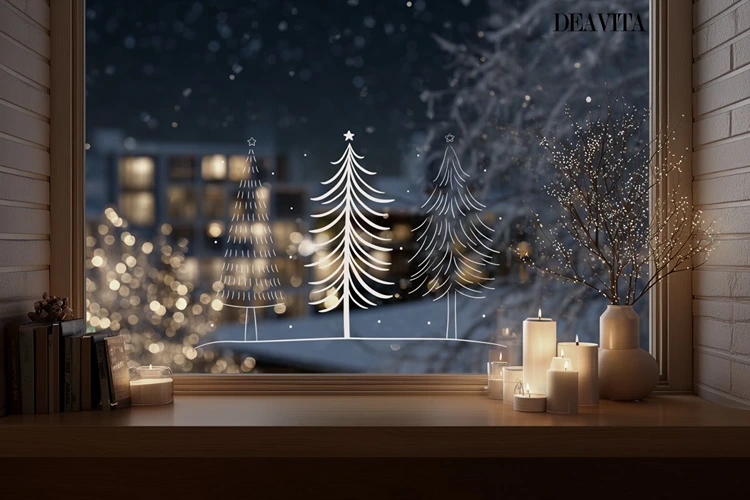 Panorama-Bilder aus Tannenbäumen für die Fenstergestaltung zu Weihnachten