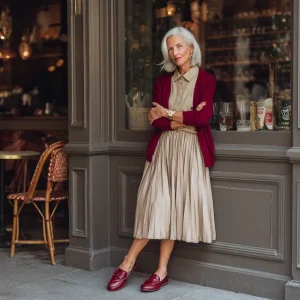 Plisseerock im Alter kombinieren schickes Outfit mit Polo Shirt