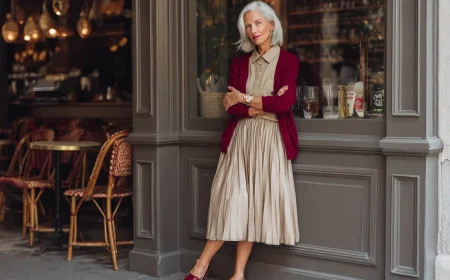 Plisseerock im Alter kombinieren schickes Outfit mit Polo Shirt