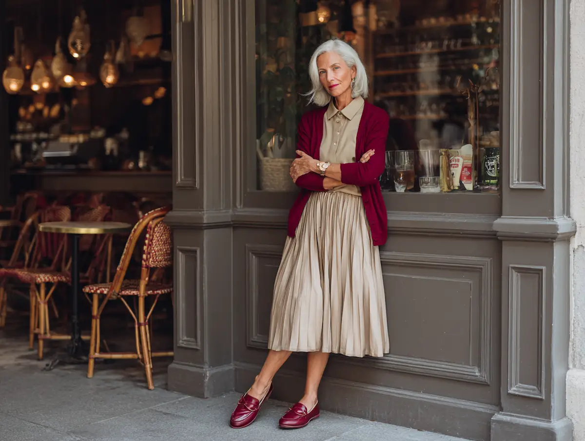 Plisseerock im Alter kombinieren schickes Outfit mit Polo Shirt