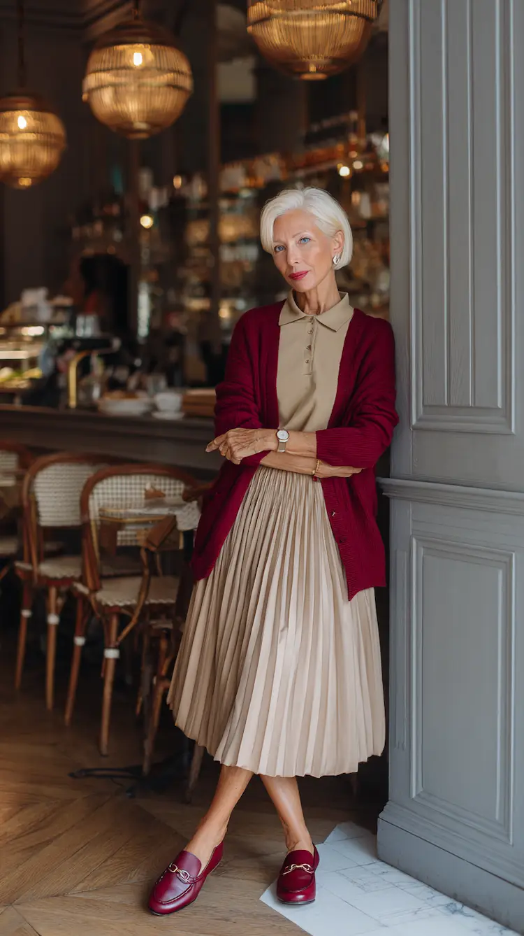 Plisseerock mit Poloshirt stylen Outfit Ideen ab 50