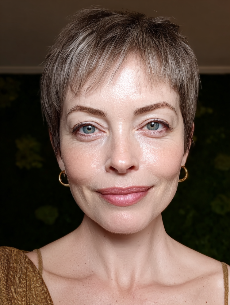 reife frau mit flüsterndem pixie cut in aschblond