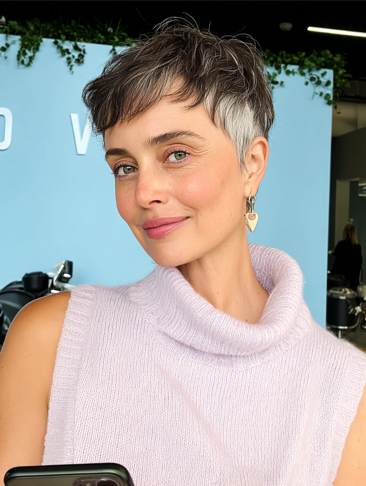reife frau mit grauem whisper pixie cut in grau