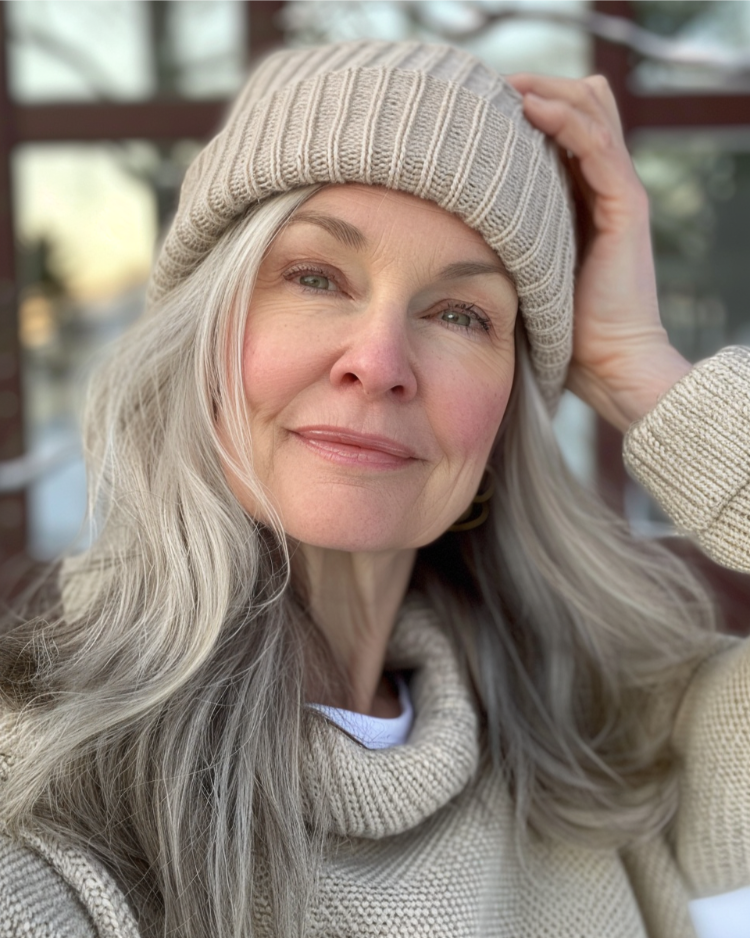 reife frau mit langen weißen haaren und einer wintermütze