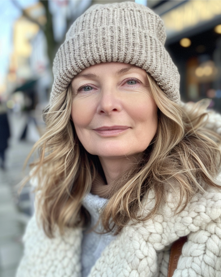 reife frau mit mittellangem blondem haar und einer wintermütze