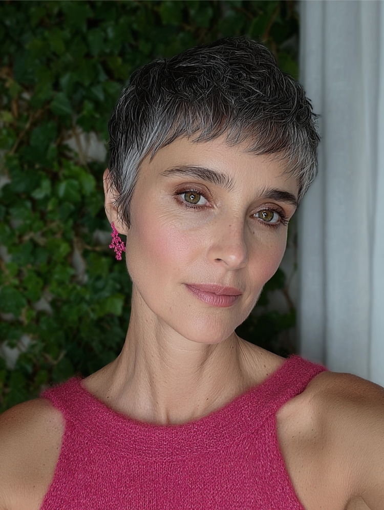 reife frau mit whisper pixie schnitt in grauer farbe und rosa oberteil