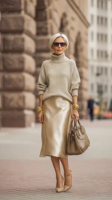 Satinrock und Pullover ab 50 kombinieren