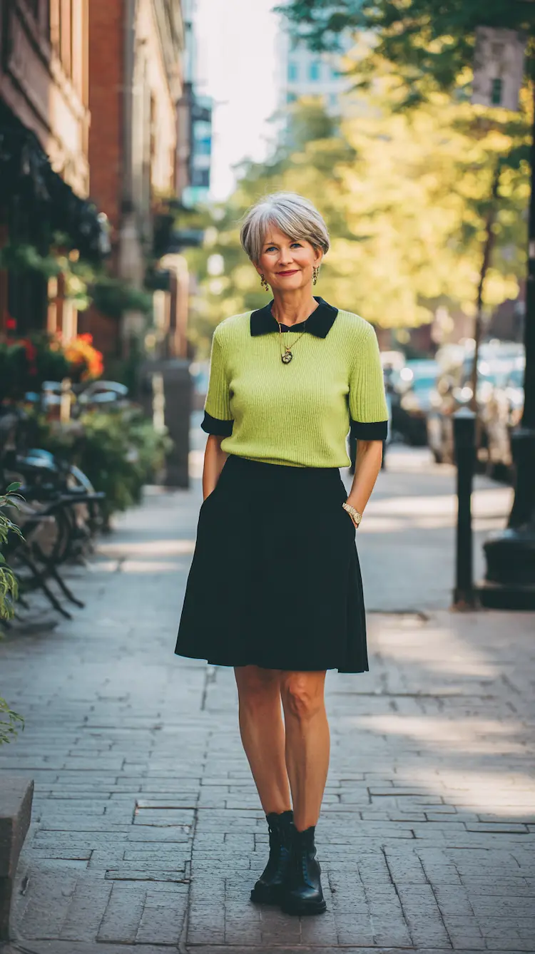 Schwarzer Rock und limettengrüner Pullover