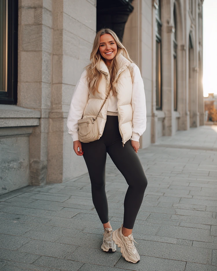sportlich casual outfit mit leggings und pufferweste