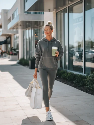 sportliches outfit mit hoodie und leggings in grau