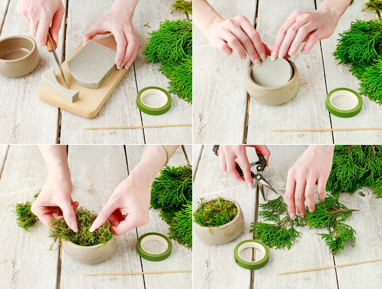 Steckschaum zuschneiden und in eine Schale legen