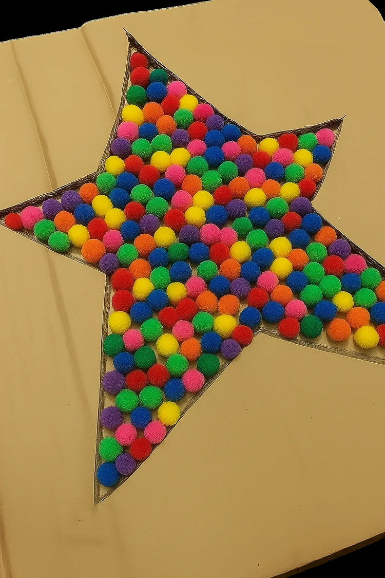 stern fensterbild mit klebeband und bunten pompons