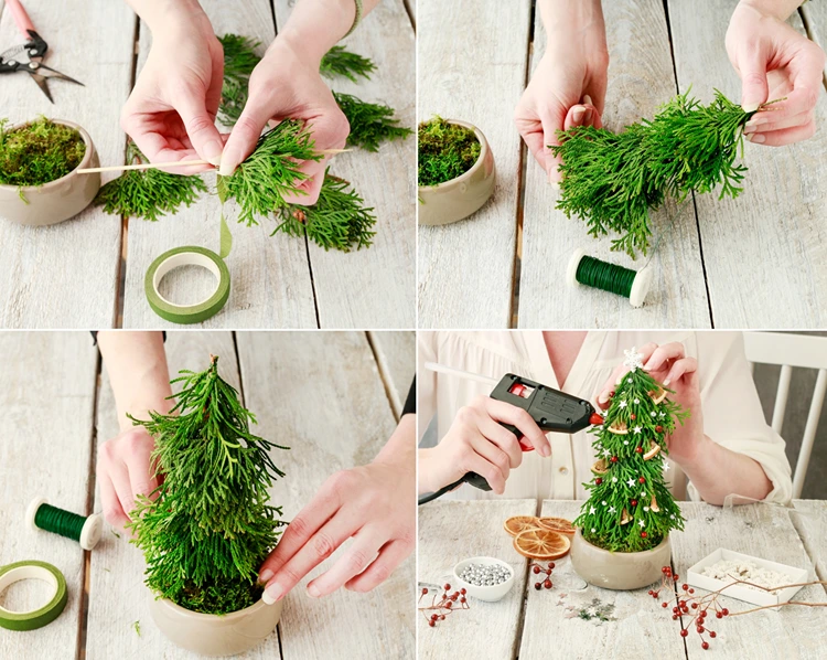 Thujazweige zuschneiden und um einen Holzstab kleben