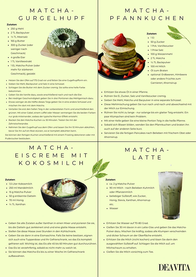 Vier Rezepte für Kuchen, Pfannkuchen, Eis und Latte zum Ausprobieren