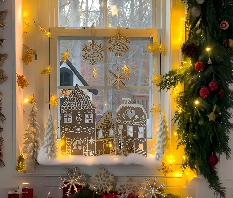 Weihnachtsdorf aus Pappe basteln und das Fensterbrett dekorieren
