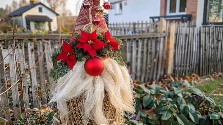 Zusammengebundene Ziergräser im Garten als Wichtel dekorieren