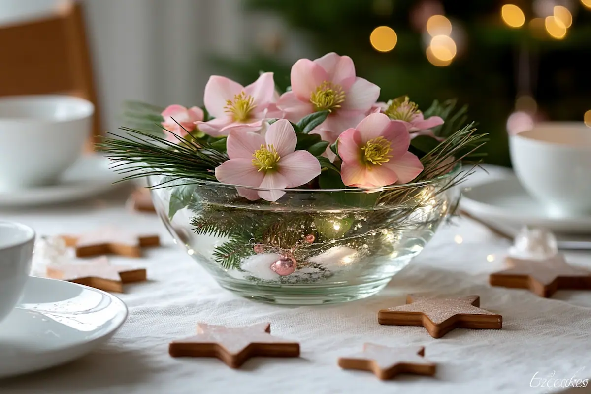 christrose in der glasschale mit moos, zapfen und kunstschnee – festlich arrangiert