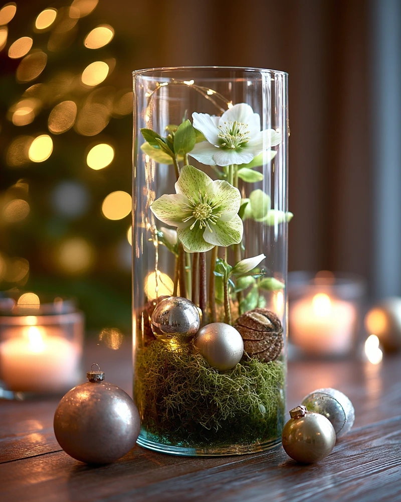 christrose in hoher glasvase mit moos und kugeln – elegante winterdeko mit lichterkette