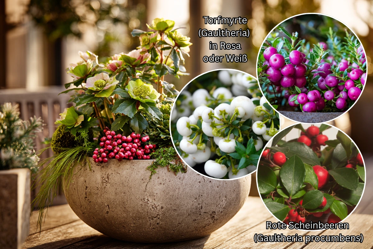 christrose mit rosa und weißen beeren für farbenfrohe winterakzente im kübel