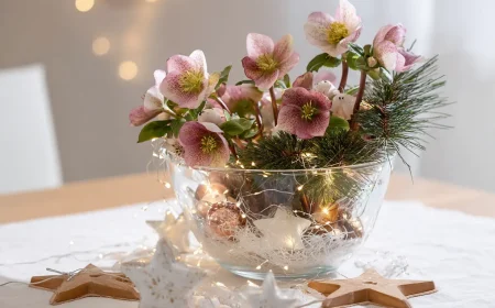 christrose mit tannenzweigen und lichterkette in glasschale als tischdeko