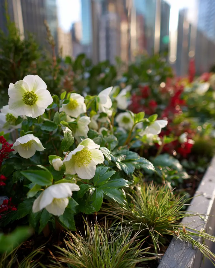 christrose mit ziergras winterliche bepflanzung im balkonkasten