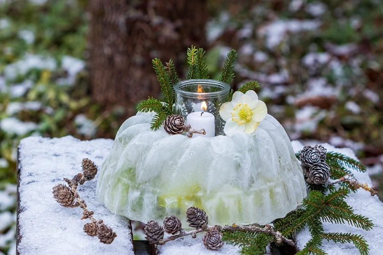 Deko mit Christrose für draußen bei Frost mit Eis aus einer Gugelhupf-Form