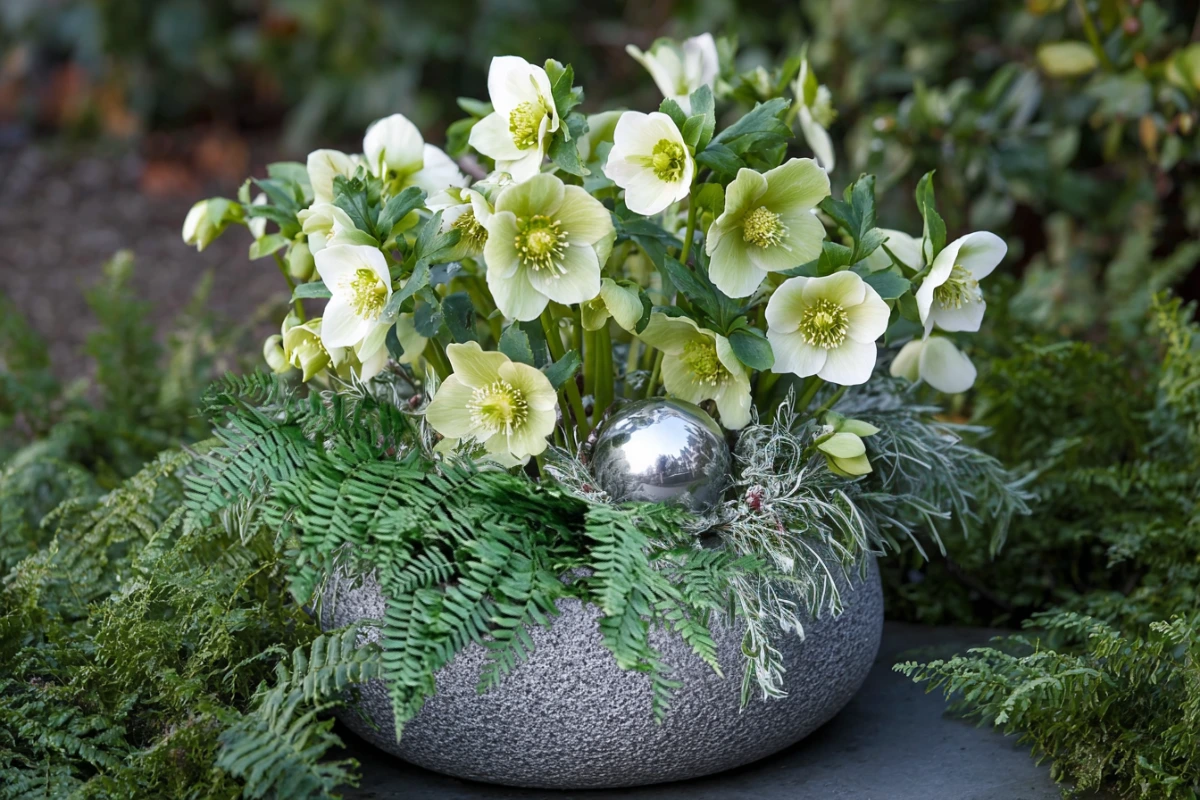 edle christrosen komposition mit farn und silberner deko kugel – stilvolle idee für den eingangsbereich