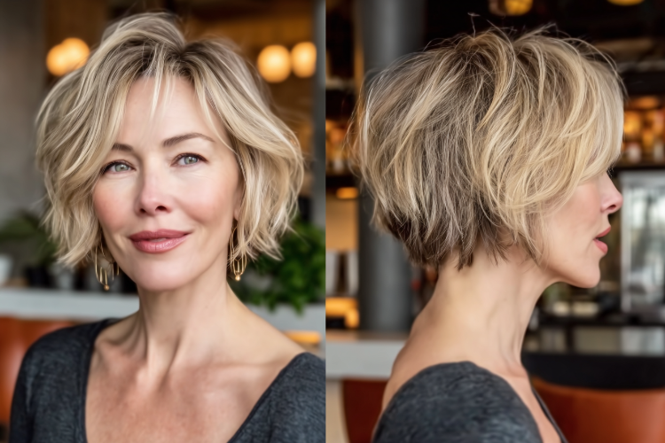 foto einer frau mit frechem, strukturiertem bob mit pony, hinten kurz, gestuft, blondes haar.