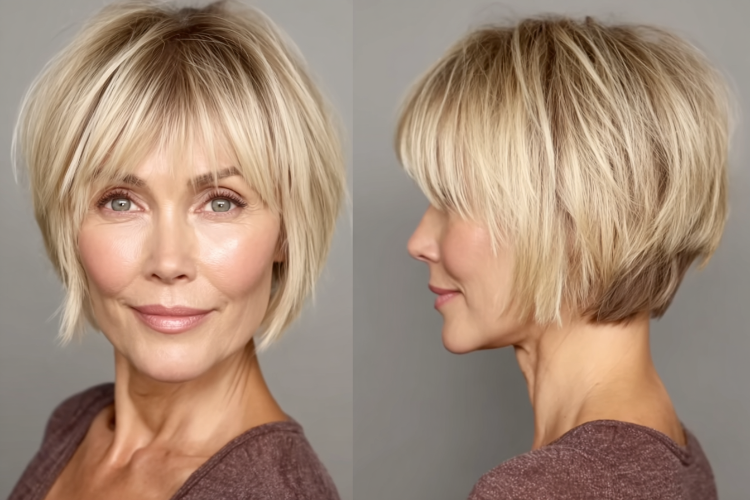 foto von vorne und hinten einer frau mit frecher bob frisur, kurzem, gestuftem, blondem haar