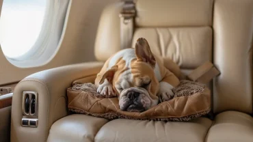 französische bulldogge liegt entspannt auf einem ledersitz in einem luxuriösen privatjet