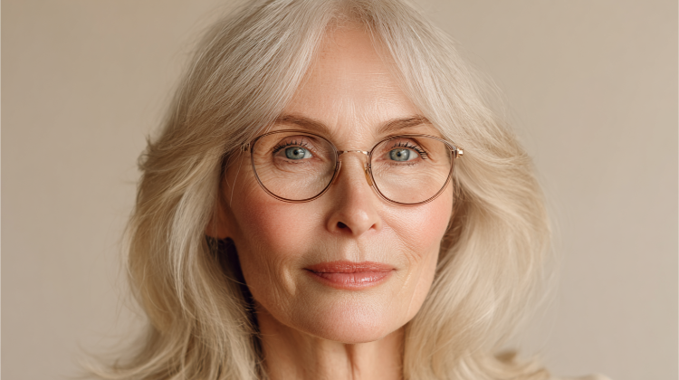 frau ab 50 mit blonden haaren, brille und curtain bangs