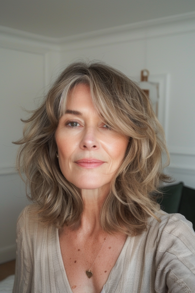 frau ab 50 mit blonden haaren und curtain bangs