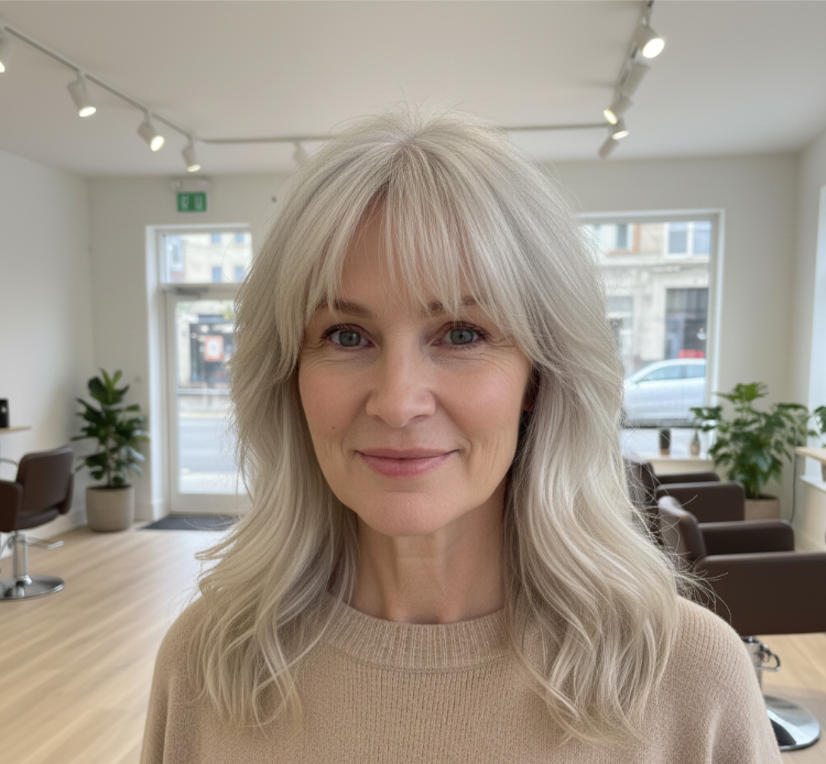 frau ab 50 mit grauen haaren und curtain bangs