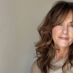 frau ab 50 mit langen braunen haaren und curtain bangs