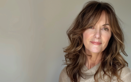 frau ab 50 mit langen braunen haaren und curtain bangs