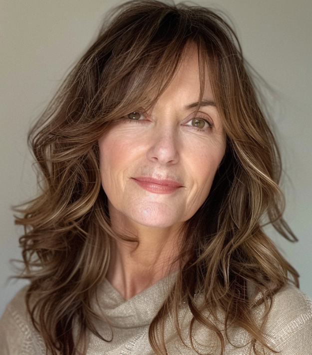 frau ab 50 mit langen braunen haaren und curtain bangs