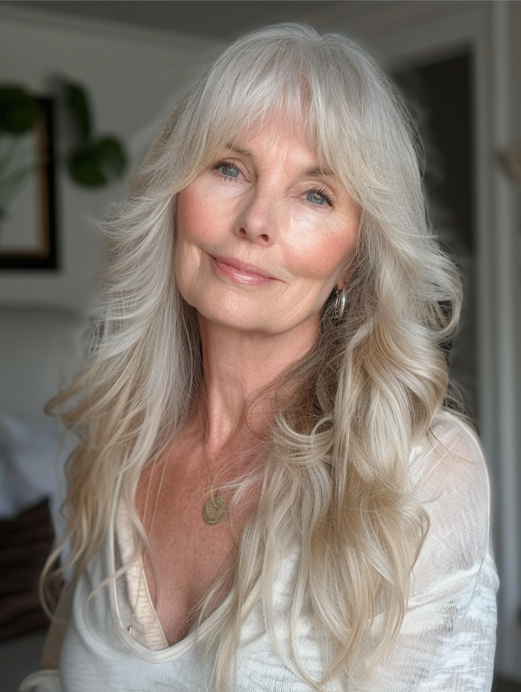 frau ab 50 mit langen hellblonden haaren und curtain bangs